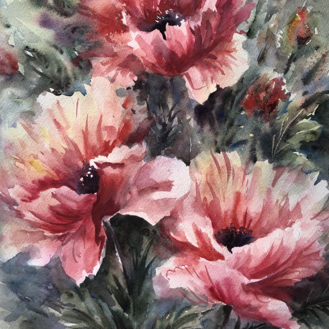 Nicky Hunter - Bright & Breezy Poppies, watercolour 